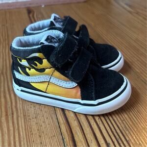 VANS black suede red orange flame‎ high top velkro sneakers SIZE 5